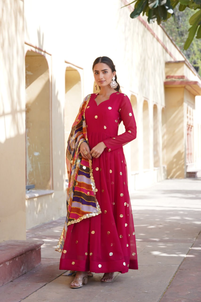 Women's Beautiful  Zari Embroidered Work Gown with Russian Silk Dupatta