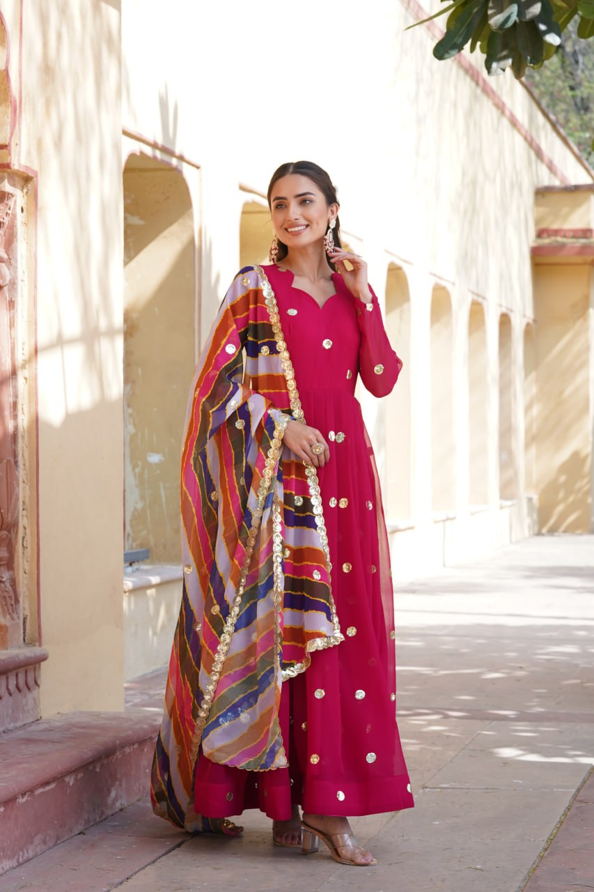 Women's Beautiful  Zari Embroidered Work Gown with Russian Silk Dupatta