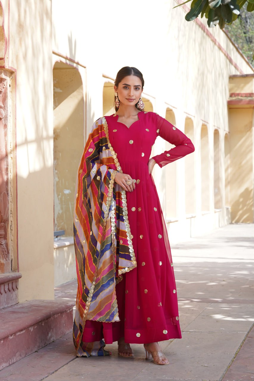 Women's Beautiful  Zari Embroidered Work Gown with Russian Silk Dupatta