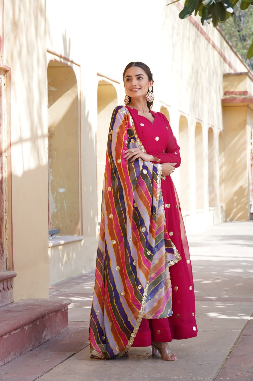 Women's Beautiful  Zari Embroidered Work Gown with Russian Silk Dupatta