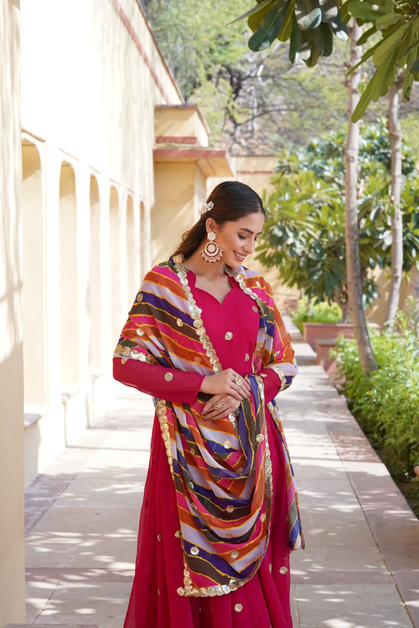 Women's Beautiful  Zari Embroidered Work Gown with Russian Silk Dupatta