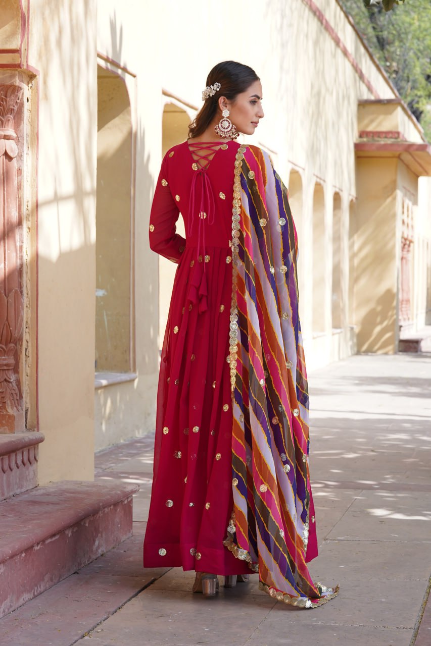 Women's Beautiful  Zari Embroidered Work Gown with Russian Silk Dupatta