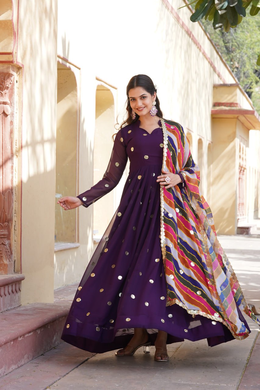 Women's Beautiful  Zari Embroidered Work Gown with Russian Silk Dupatta