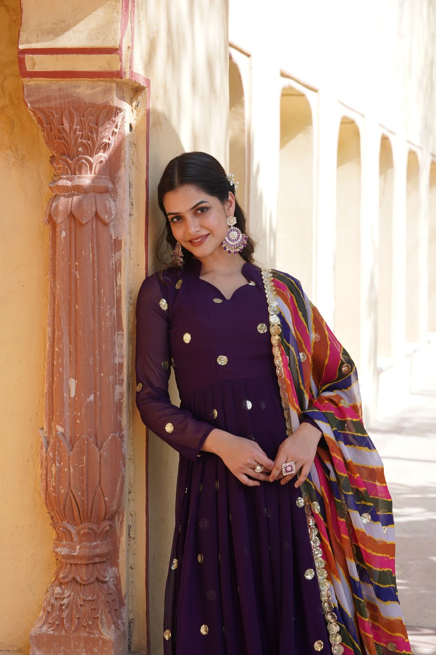 Women's Beautiful  Zari Embroidered Work Gown with Russian Silk Dupatta