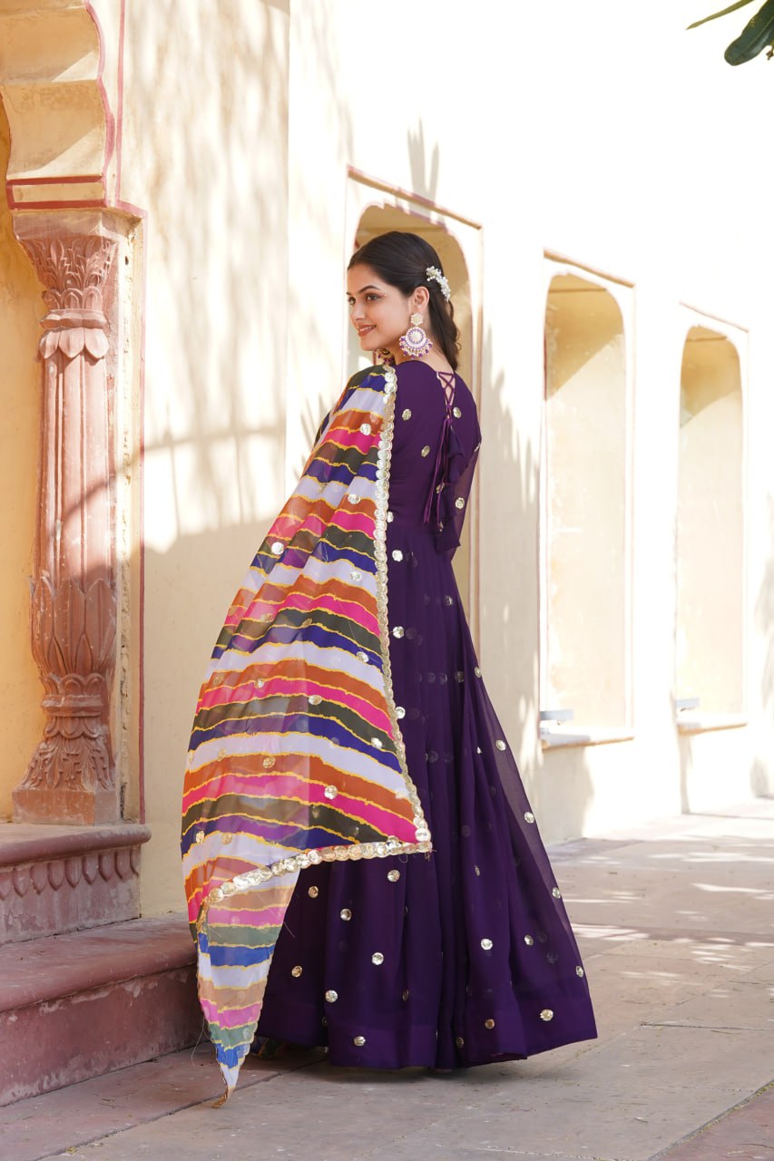 Women's Beautiful  Zari Embroidered Work Gown with Russian Silk Dupatta