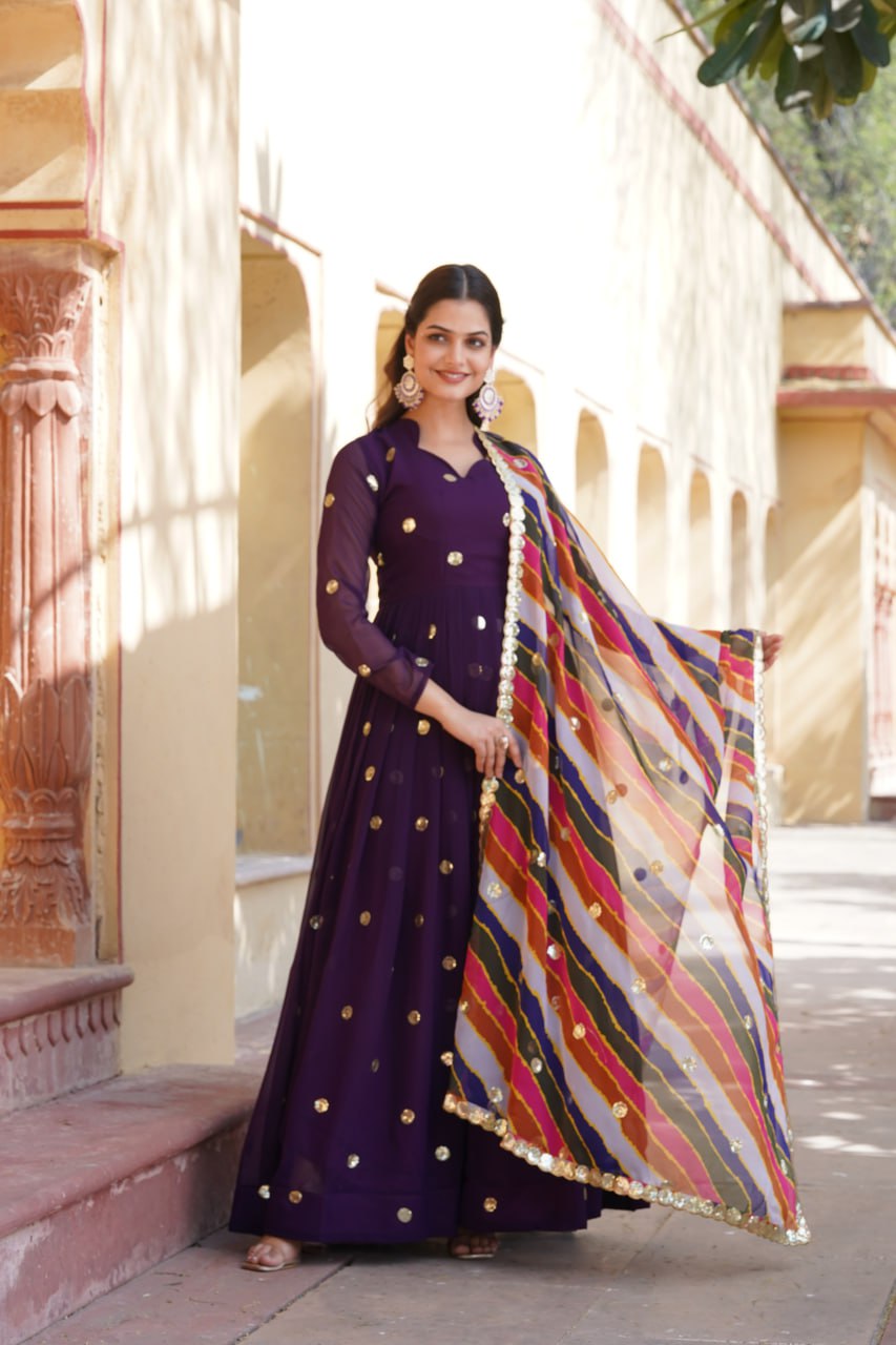 Women's Beautiful  Zari Embroidered Work Gown with Russian Silk Dupatta