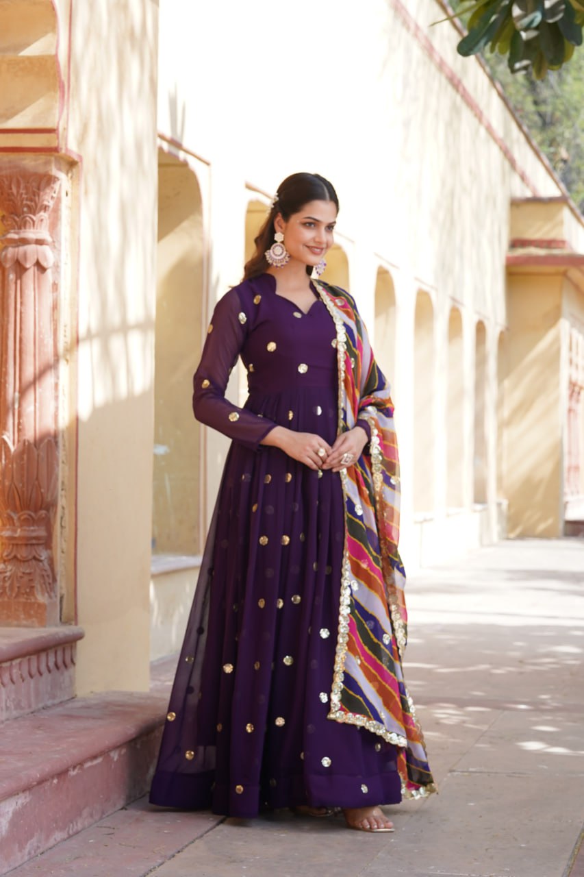 Women's Beautiful  Zari Embroidered Work Gown with Russian Silk Dupatta