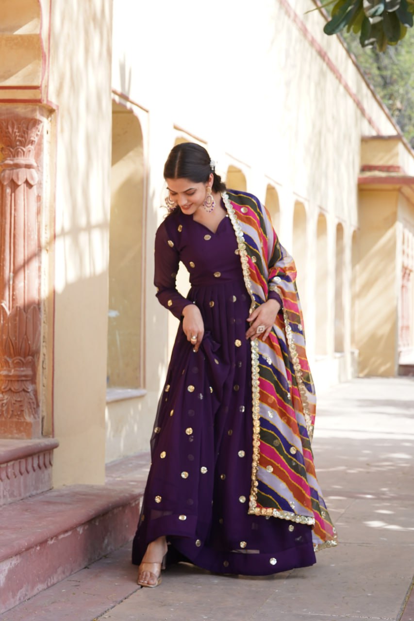 Women's Beautiful  Zari Embroidered Work Gown with Russian Silk Dupatta