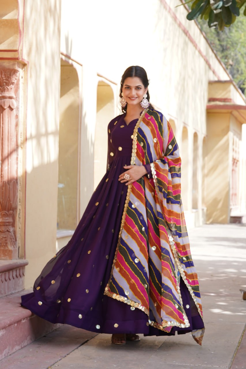 Women's Beautiful  Zari Embroidered Work Gown with Russian Silk Dupatta