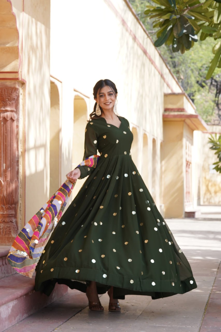 Women's Beautiful  Zari Embroidered Work Gown with Russian Silk Dupatta