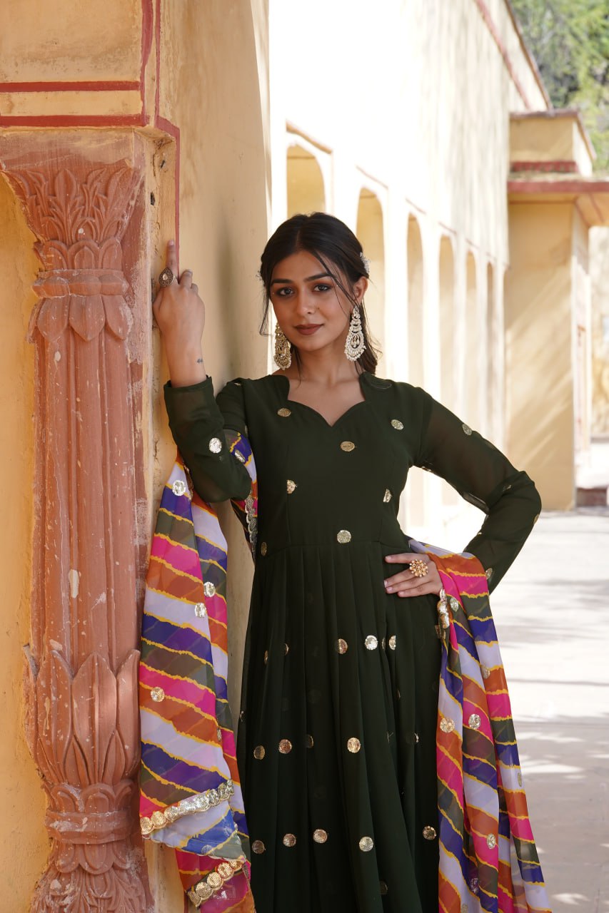 Women's Beautiful  Zari Embroidered Work Gown with Russian Silk Dupatta