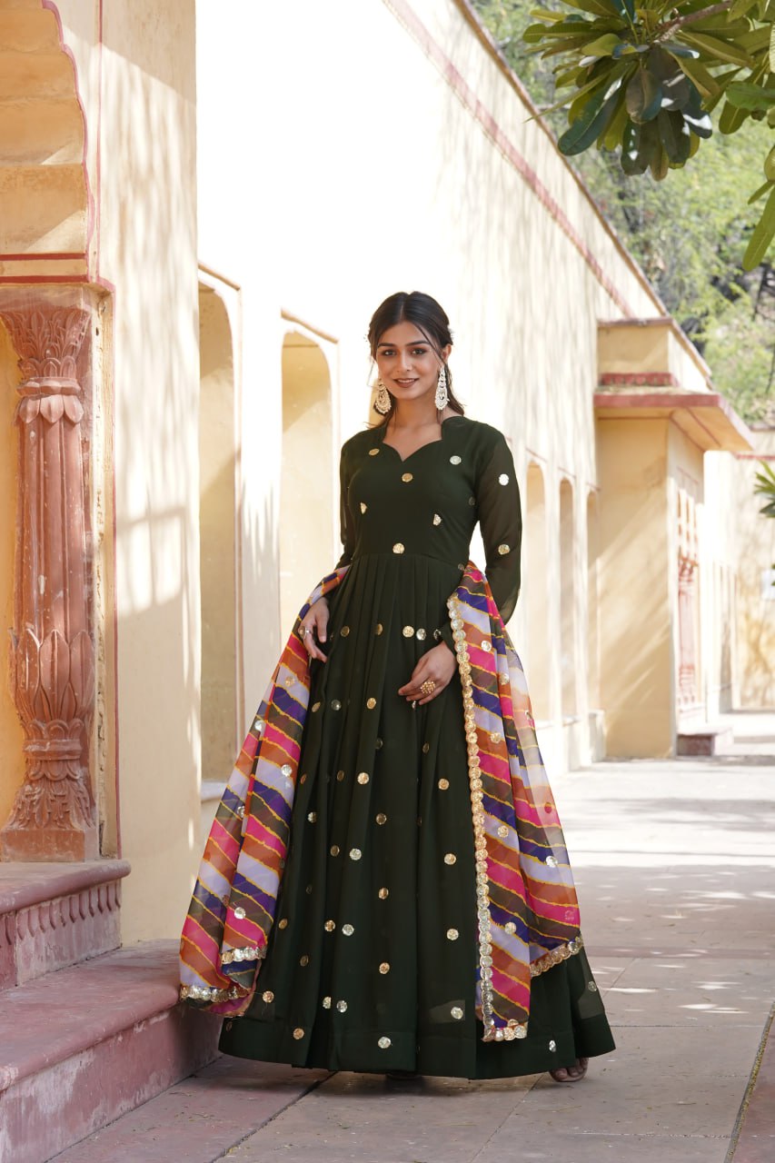 Women's Beautiful  Zari Embroidered Work Gown with Russian Silk Dupatta