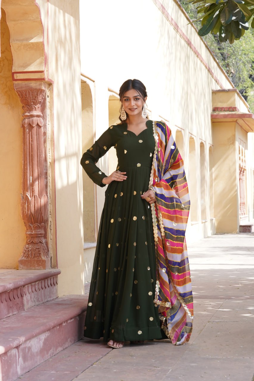 Women's Beautiful  Zari Embroidered Work Gown with Russian Silk Dupatta