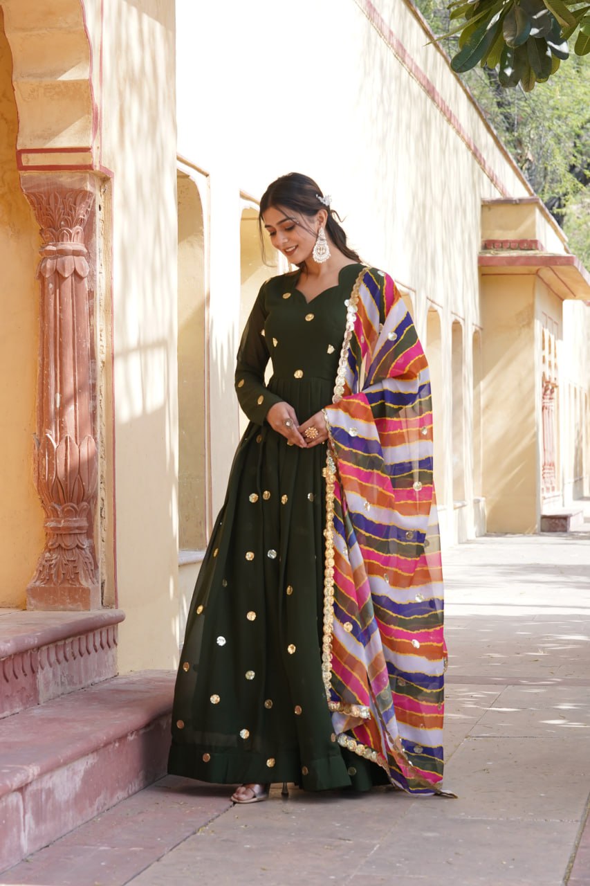 Women's Beautiful  Zari Embroidered Work Gown with Russian Silk Dupatta