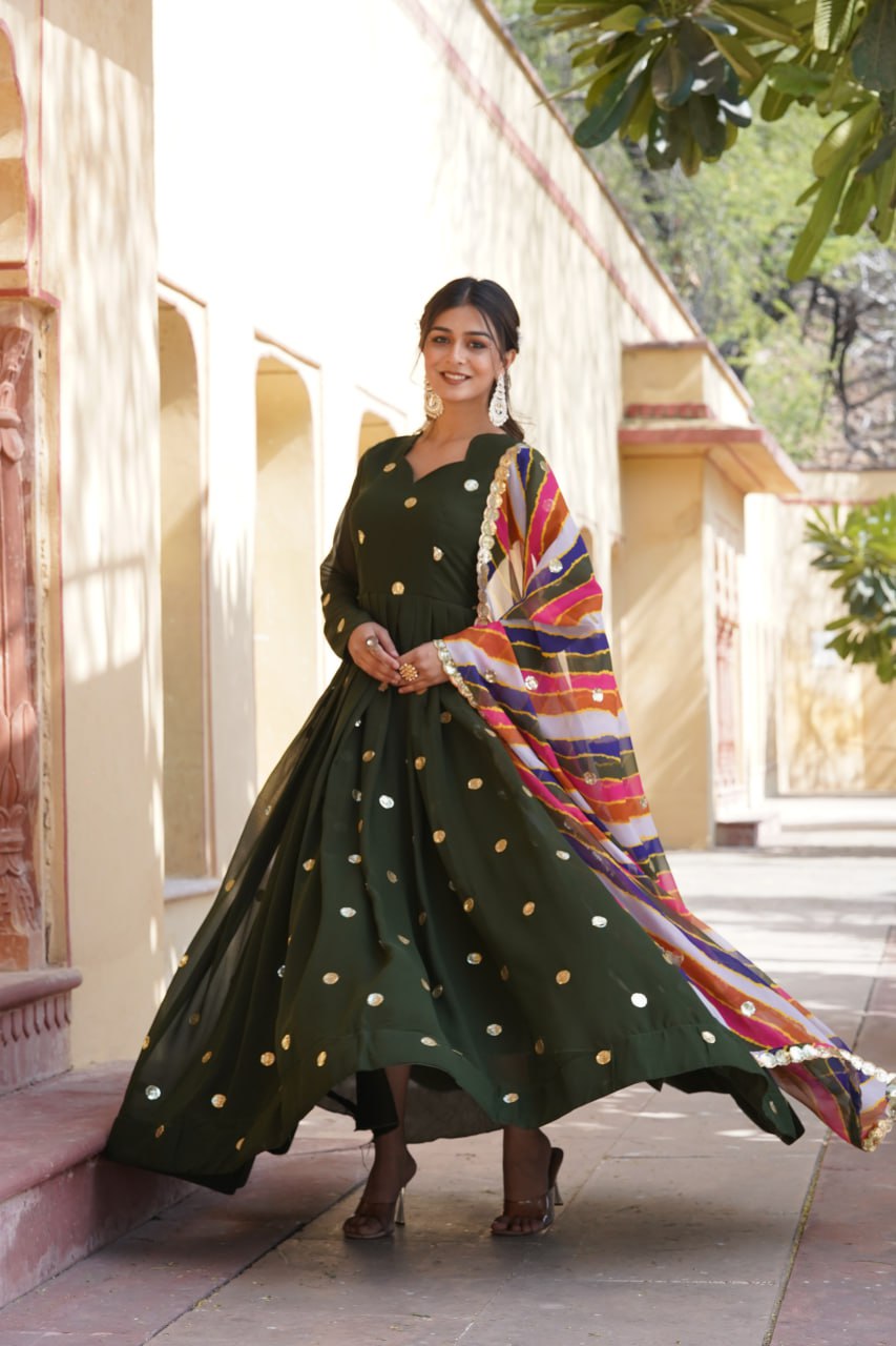 Women's Beautiful  Zari Embroidered Work Gown with Russian Silk Dupatta