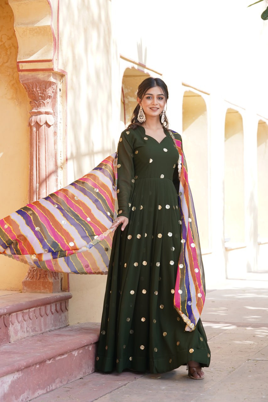 Women's Beautiful  Zari Embroidered Work Gown with Russian Silk Dupatta