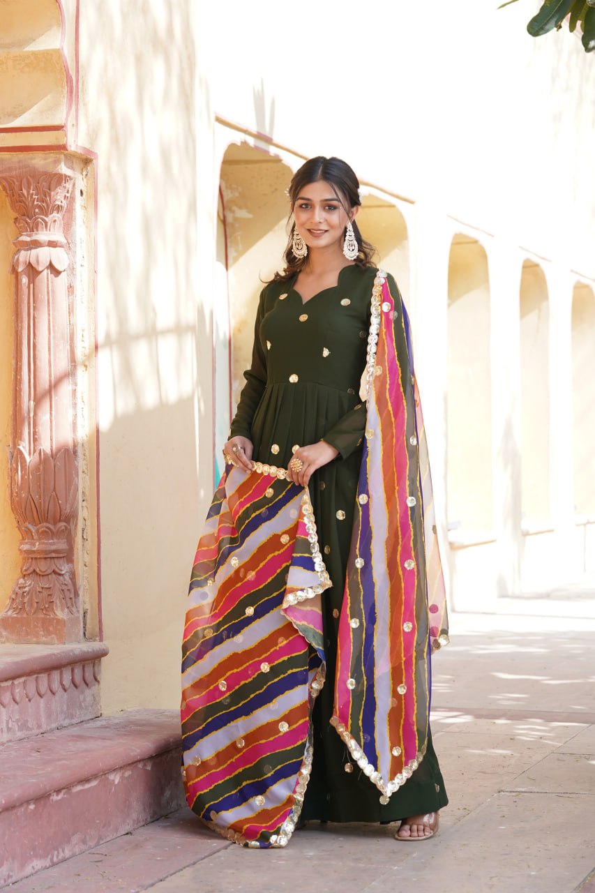 Women's Beautiful  Zari Embroidered Work Gown with Russian Silk Dupatta