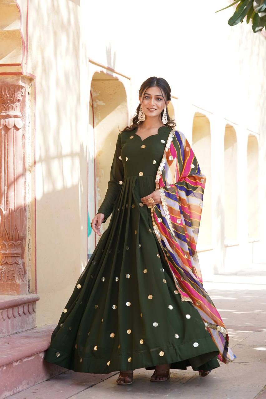 Women's Beautiful  Zari Embroidered Work Gown with Russian Silk Dupatta