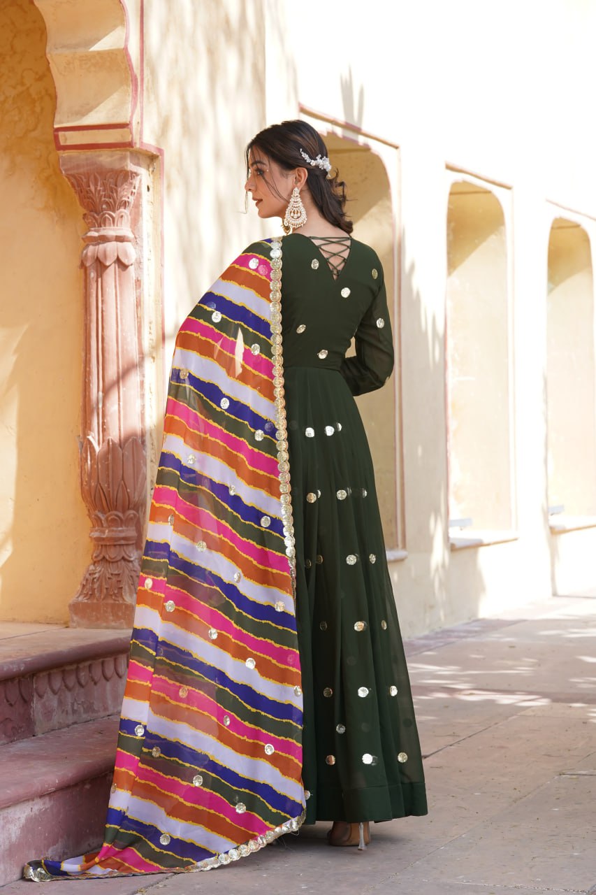 Women's Beautiful  Zari Embroidered Work Gown with Russian Silk Dupatta