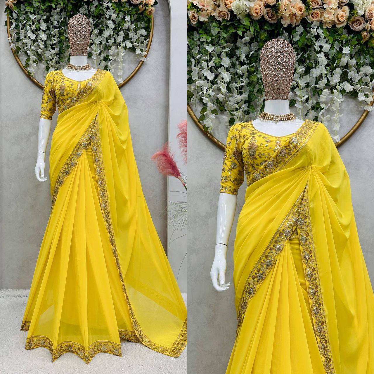 "Women's Beautiful Thread & Sequence Work Yellow Colour Faux Georgette Saree with Blouse"