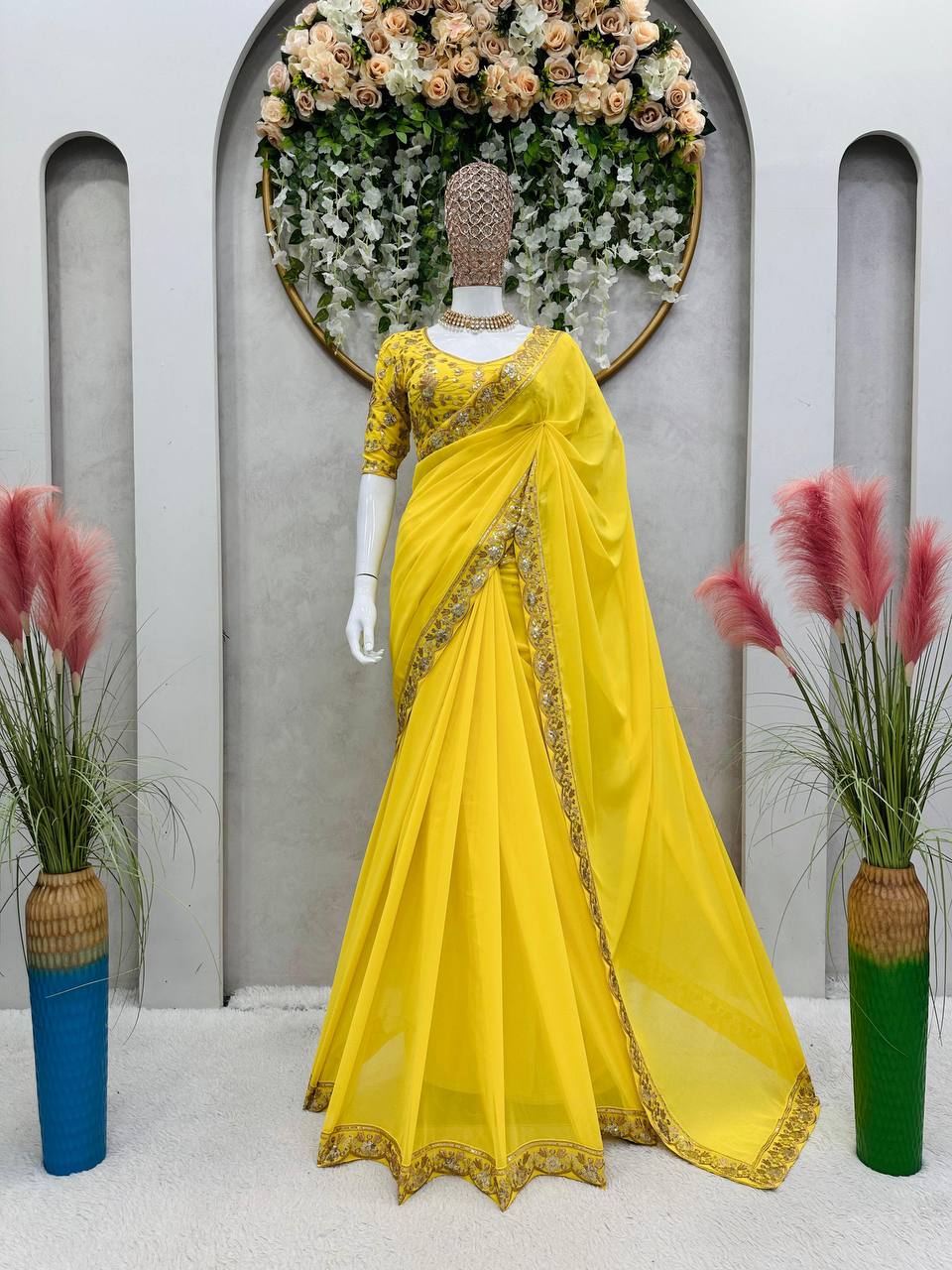 "Women's Beautiful Thread & Sequence Work Yellow Colour Faux Georgette Saree with Blouse"