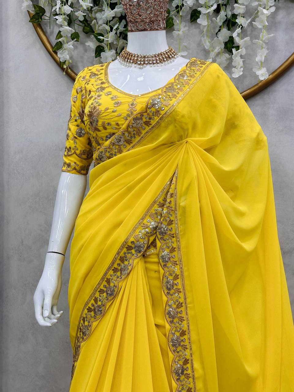 "Women's Beautiful Thread & Sequence Work Yellow Colour Faux Georgette Saree with Blouse"