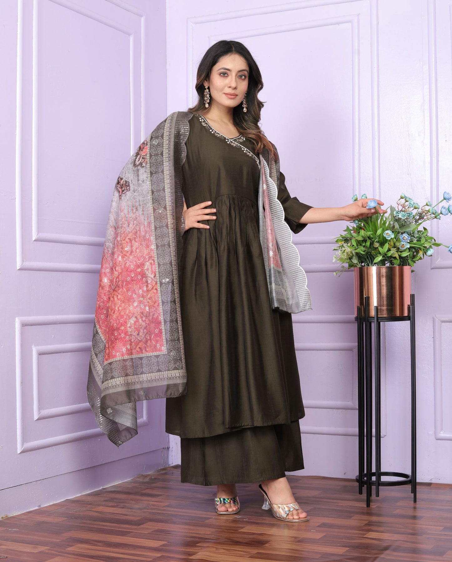 "Olive Brown Angarkha Neck Kurta Set with Plazzo Pant & Printed Dupatta"