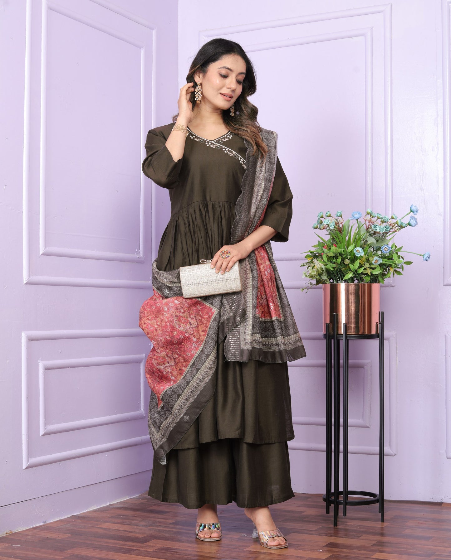 "Olive Brown Angarkha Neck Kurta Set with Plazzo Pant & Printed Dupatta"