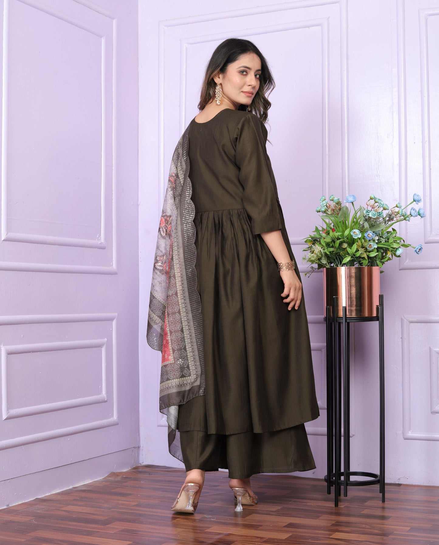 "Olive Brown Angarkha Neck Kurta Set with Plazzo Pant & Printed Dupatta"