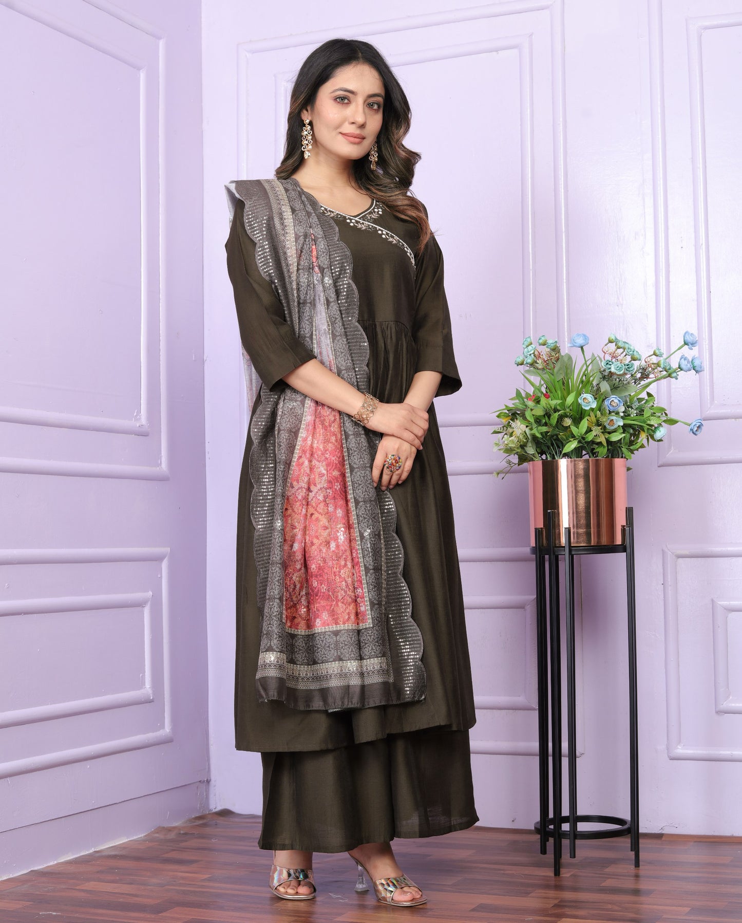 "Olive Brown Angarkha Neck Kurta Set with Plazzo Pant & Printed Dupatta"