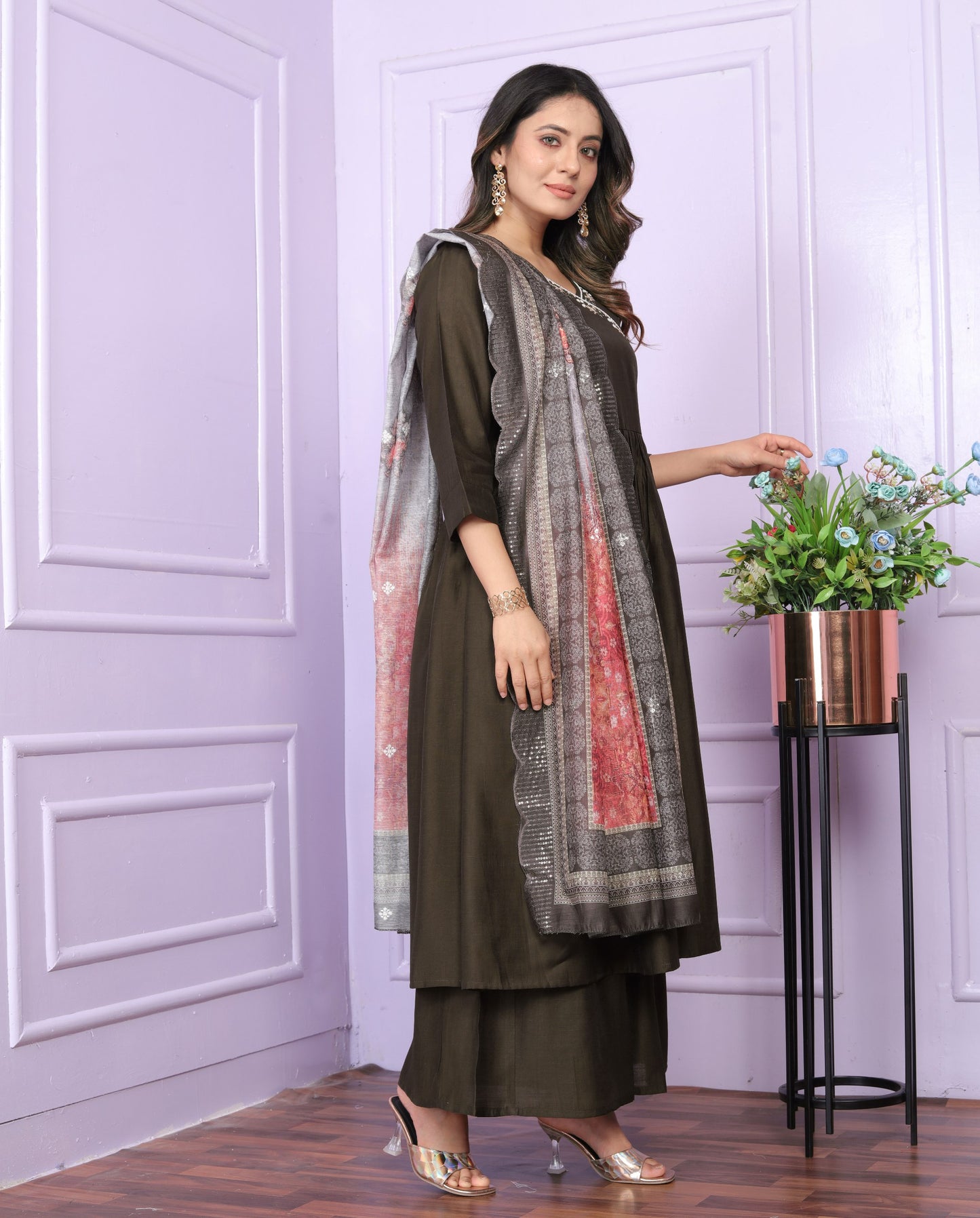 "Olive Brown Angarkha Neck Kurta Set with Plazzo Pant & Printed Dupatta"