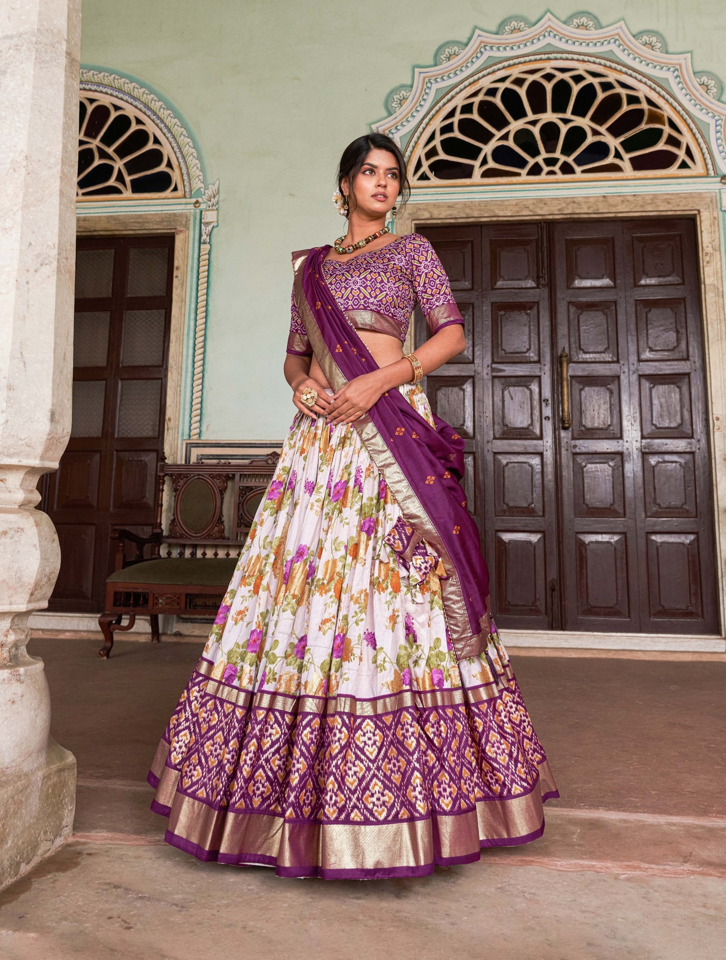 "Foil Work Floral Patola Tussar Silk Lehenga Choli Set"