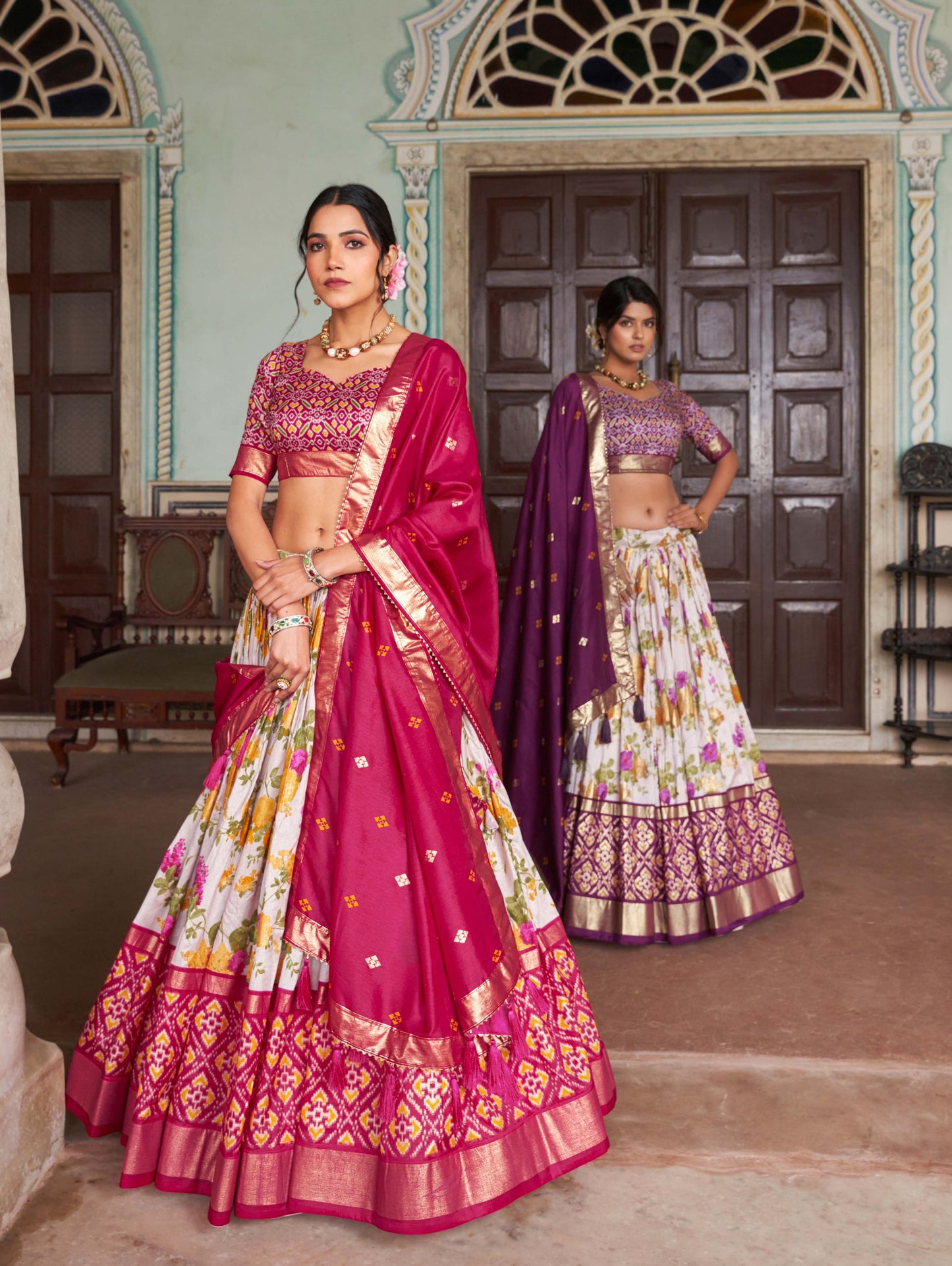 "Foil Work Floral Patola Tussar Silk Lehenga Choli Set"