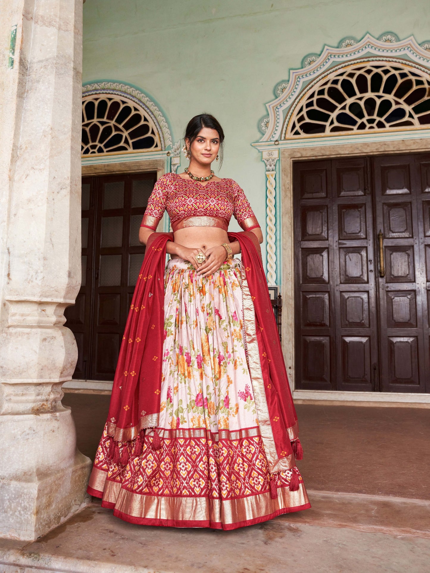 "Foil Work Floral Patola Tussar Silk Lehenga Choli Set"