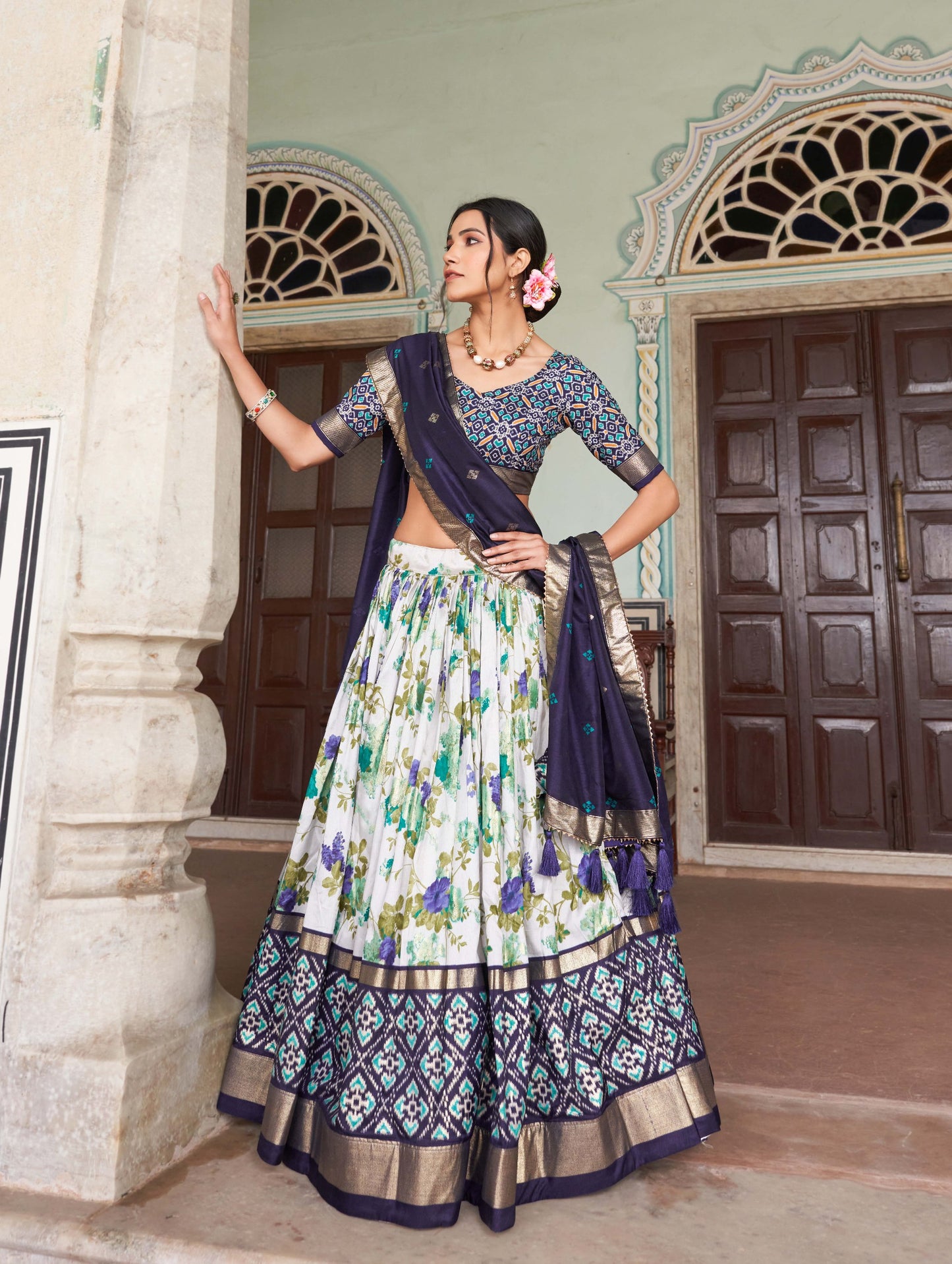 "Foil Work Floral Patola Tussar Silk Lehenga Choli Set"