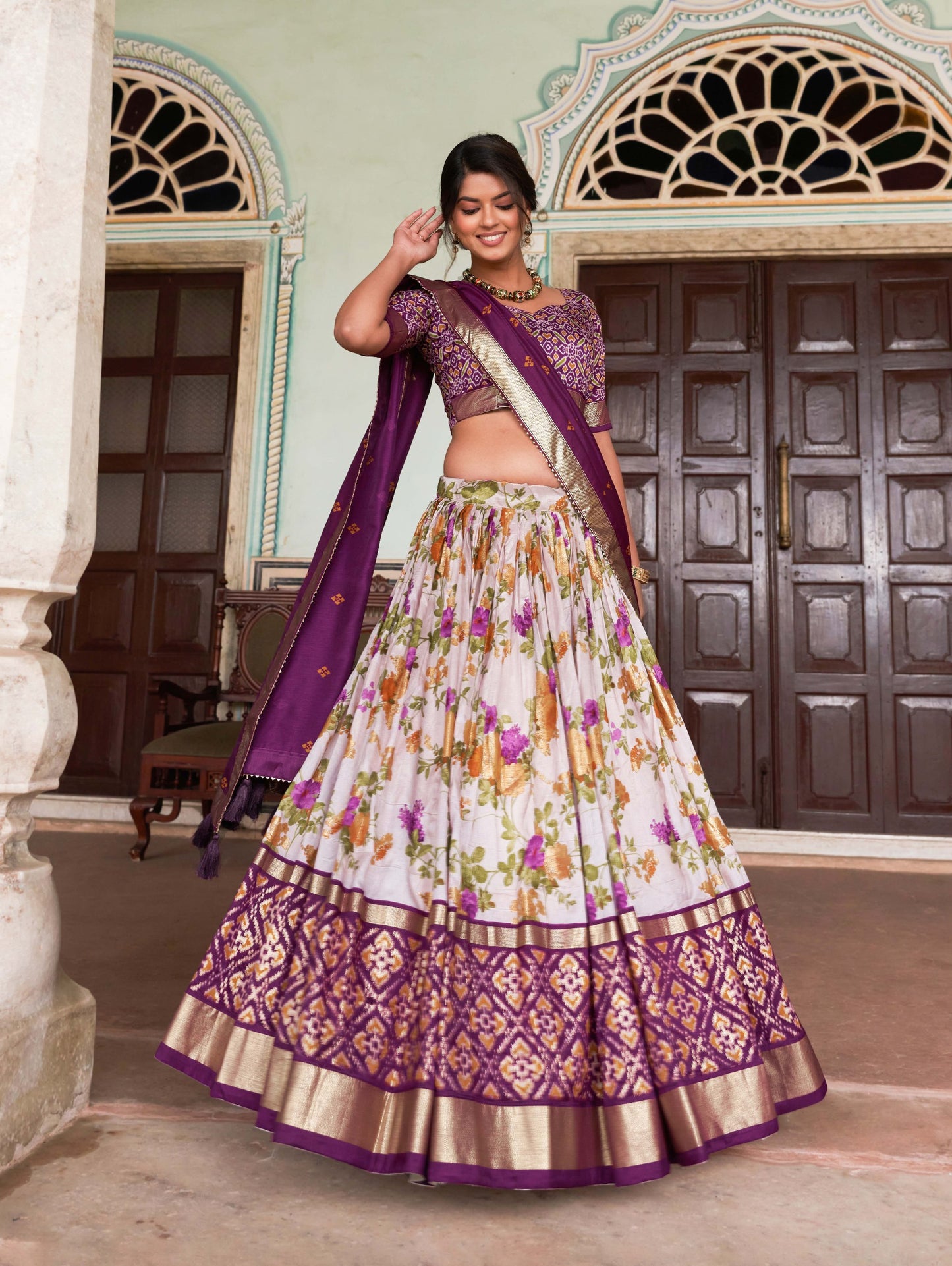 "Foil Work Floral Patola Tussar Silk Lehenga Choli Set"