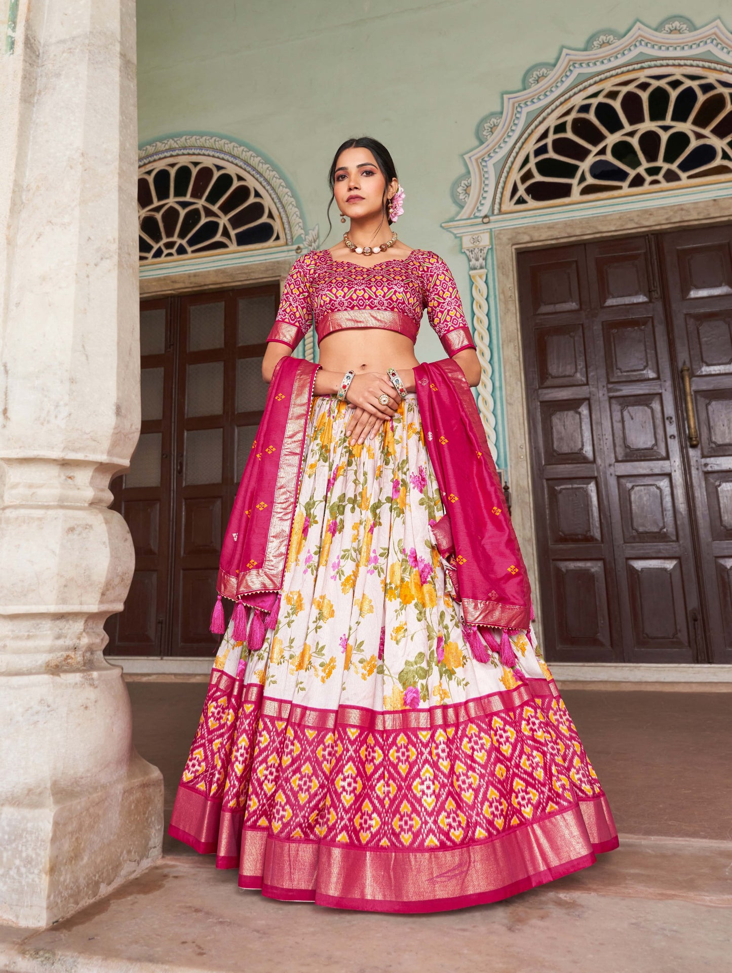 "Foil Work Floral Patola Tussar Silk Lehenga Choli Set"