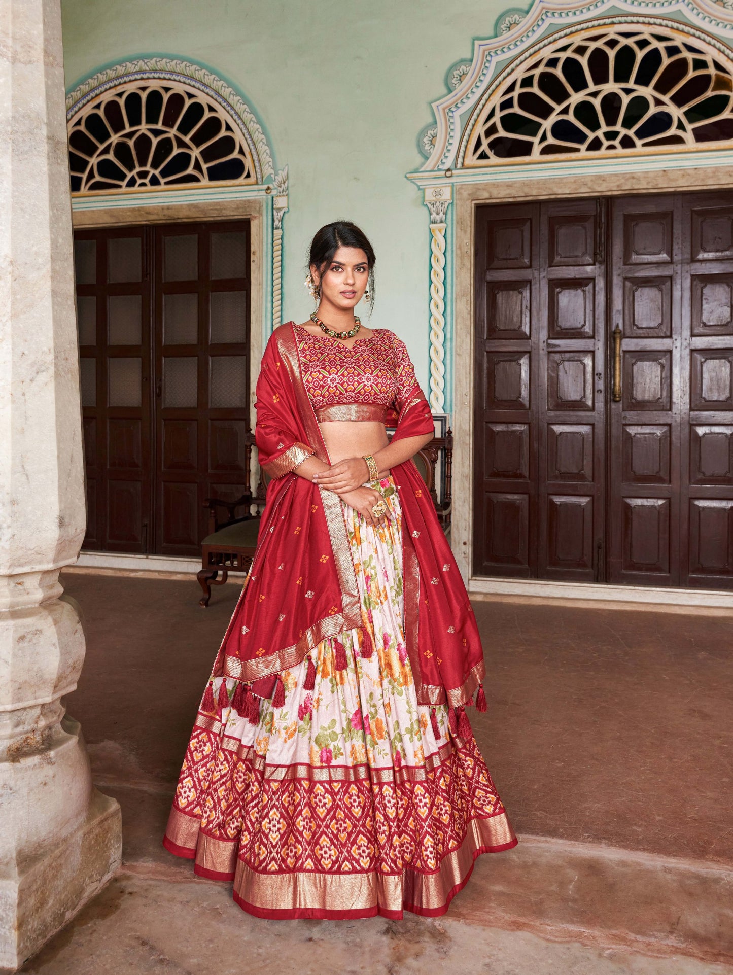 "Foil Work Floral Patola Tussar Silk Lehenga Choli Set"