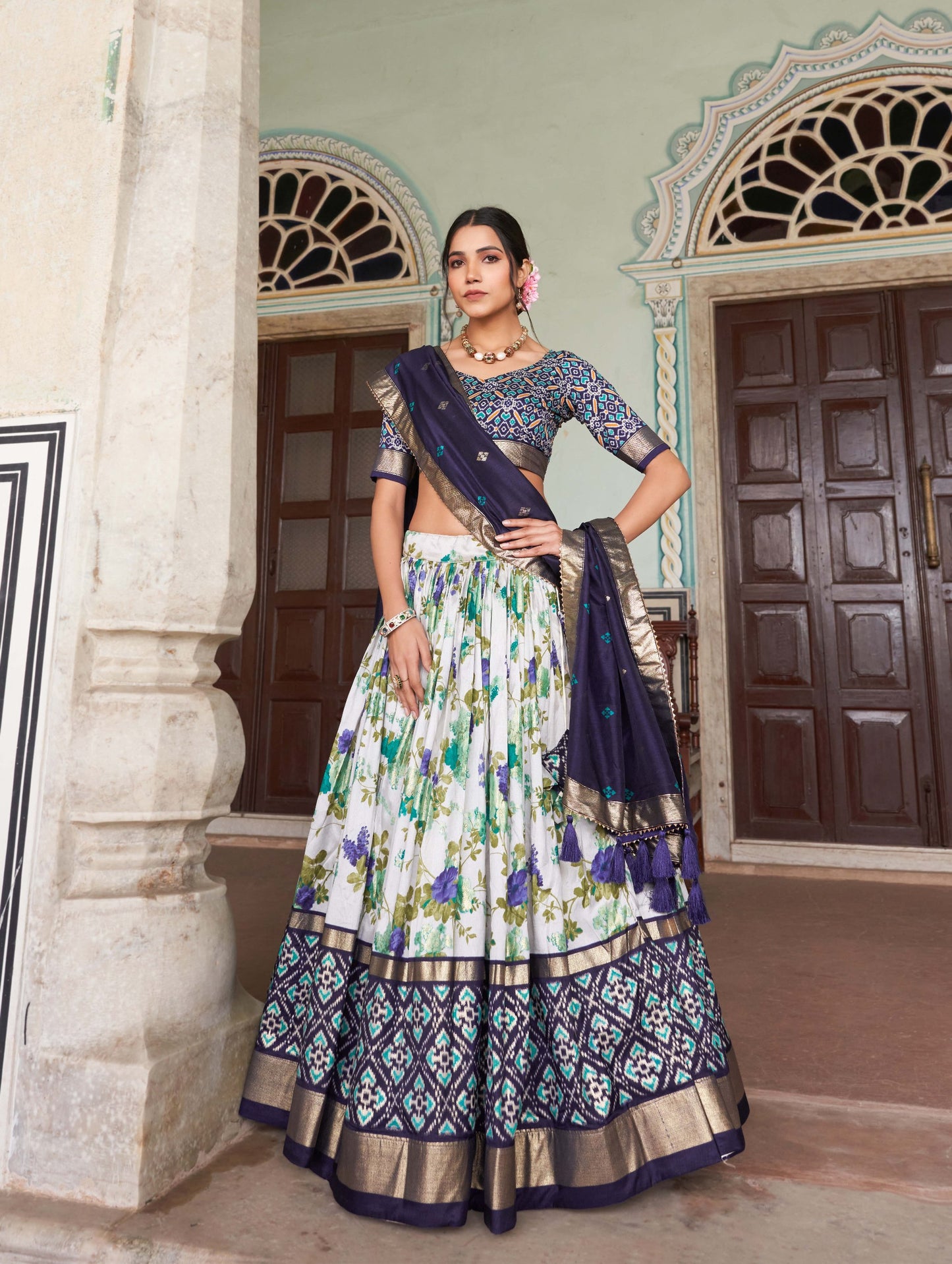 "Foil Work Floral Patola Tussar Silk Lehenga Choli Set"