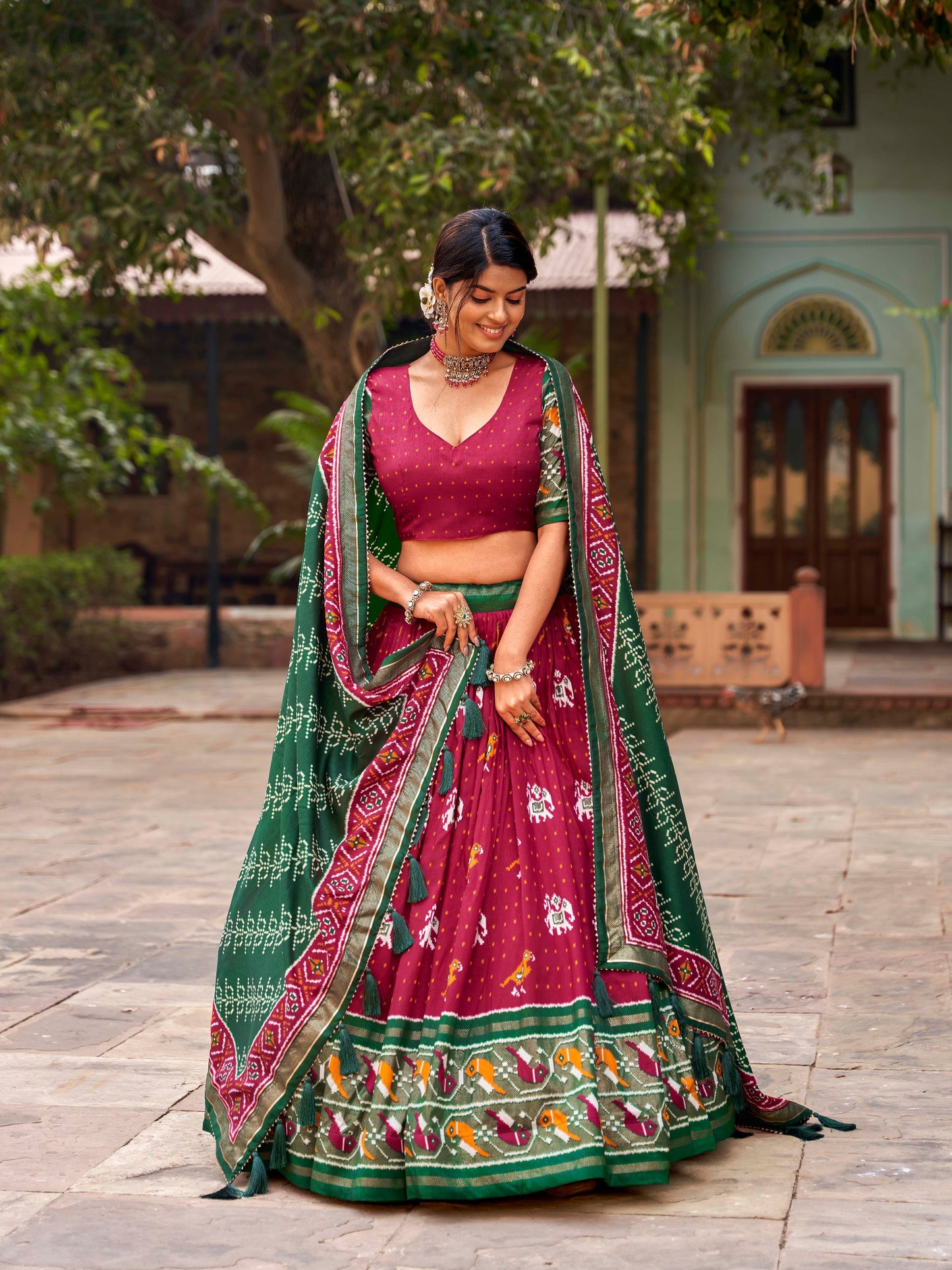 Women's Traditional Wear Tussar Silk Ikkat Patola Print Lehenga Choli Set