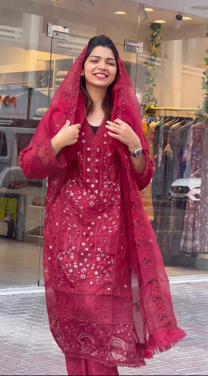 "Embroidered Organza Party Wear Kurta Top,Pant with Dupatta"