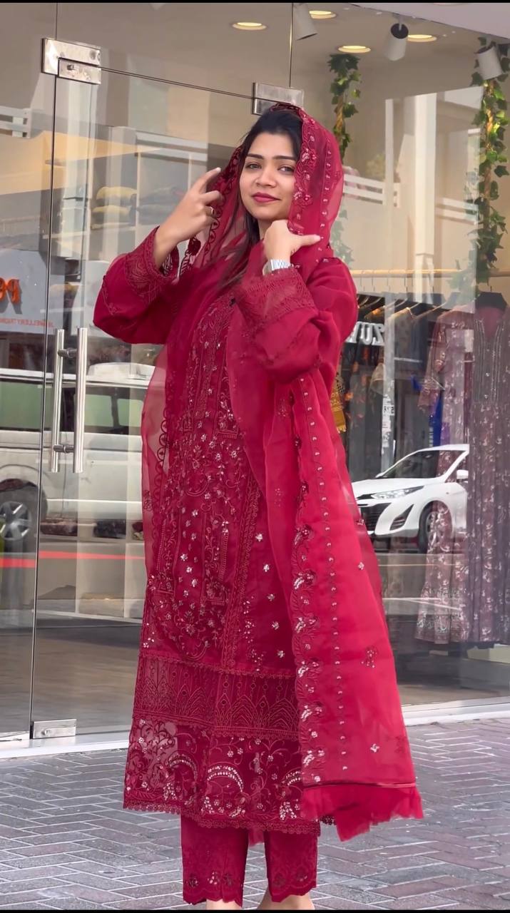 "Embroidered Organza Party Wear Kurta Top,Pant with Dupatta"