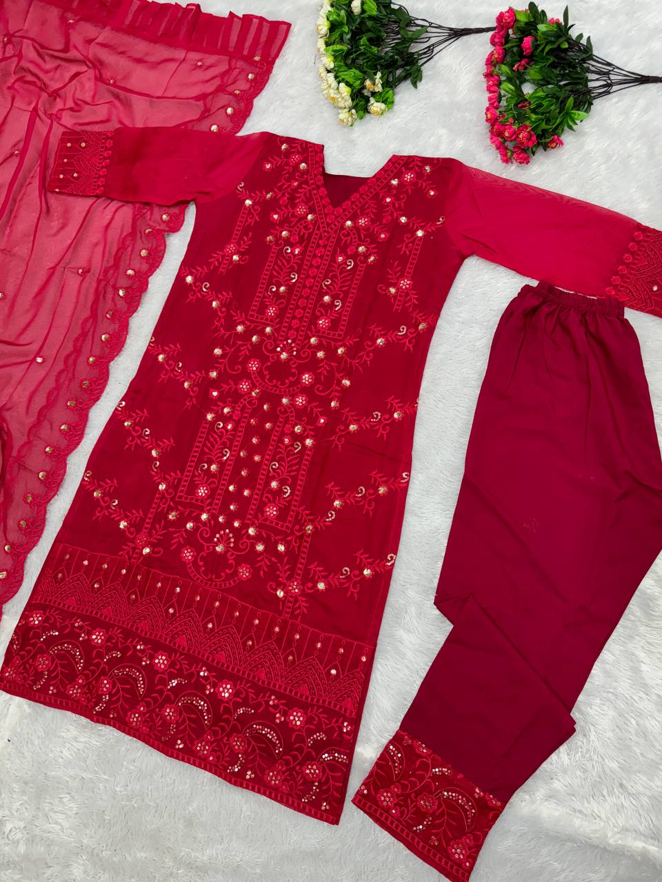 "Embroidered Organza Party Wear Kurta Top,Pant with Dupatta"