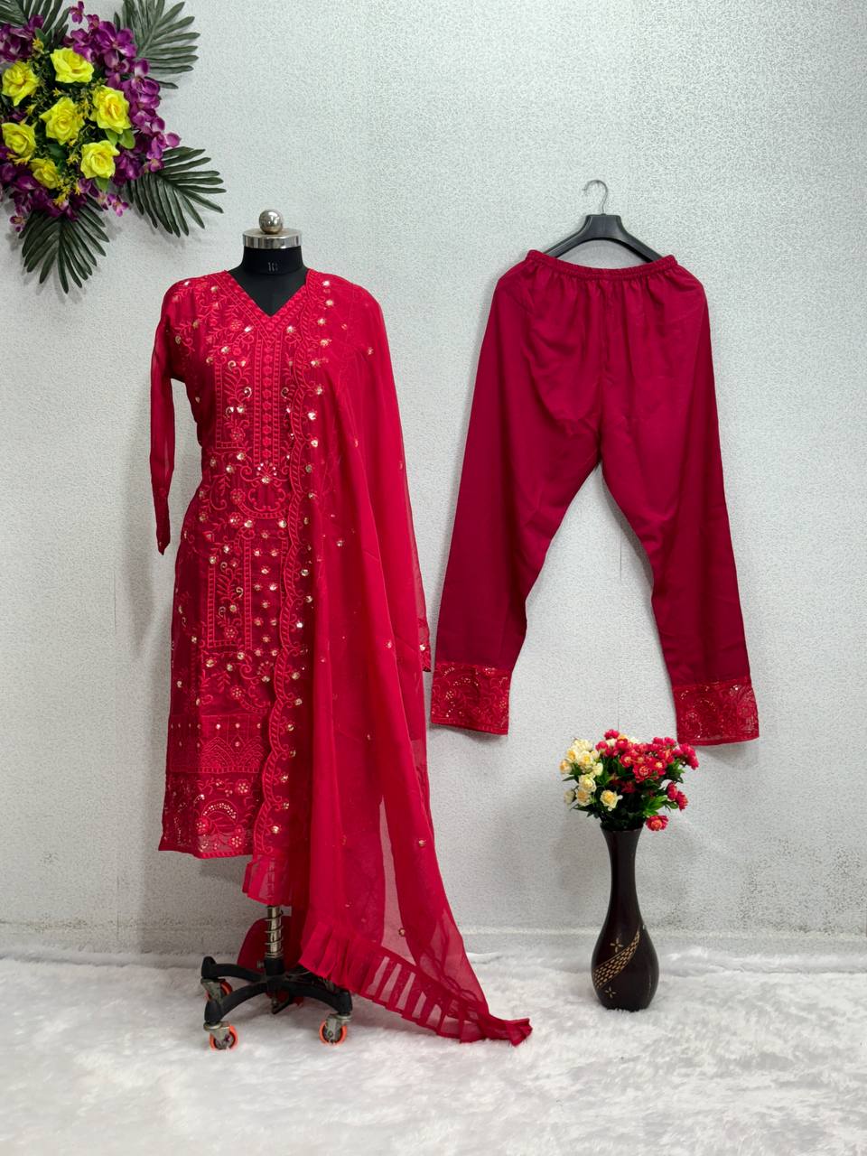 "Embroidered Organza Party Wear Kurta Top,Pant with Dupatta"