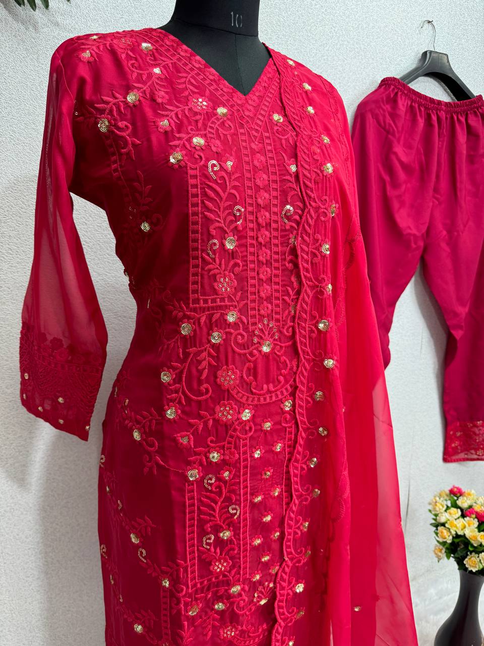 "Embroidered Organza Party Wear Kurta Top,Pant with Dupatta"