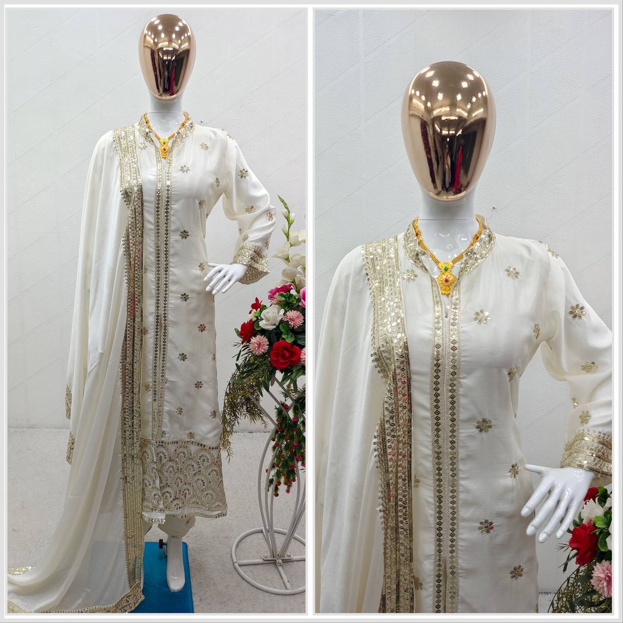 "White Satin Silk Sequins Embroidered Shrug Jacket & Pant with Dupatta Set - XL Size - Fully Stitched"