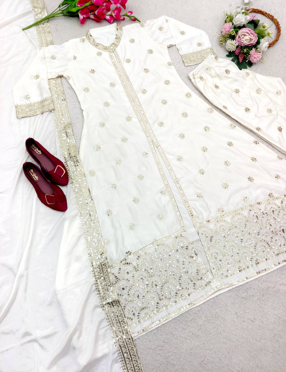 "White Satin Silk Sequins Embroidered Shrug Jacket & Pant with Dupatta Set - XL Size - Fully Stitched"