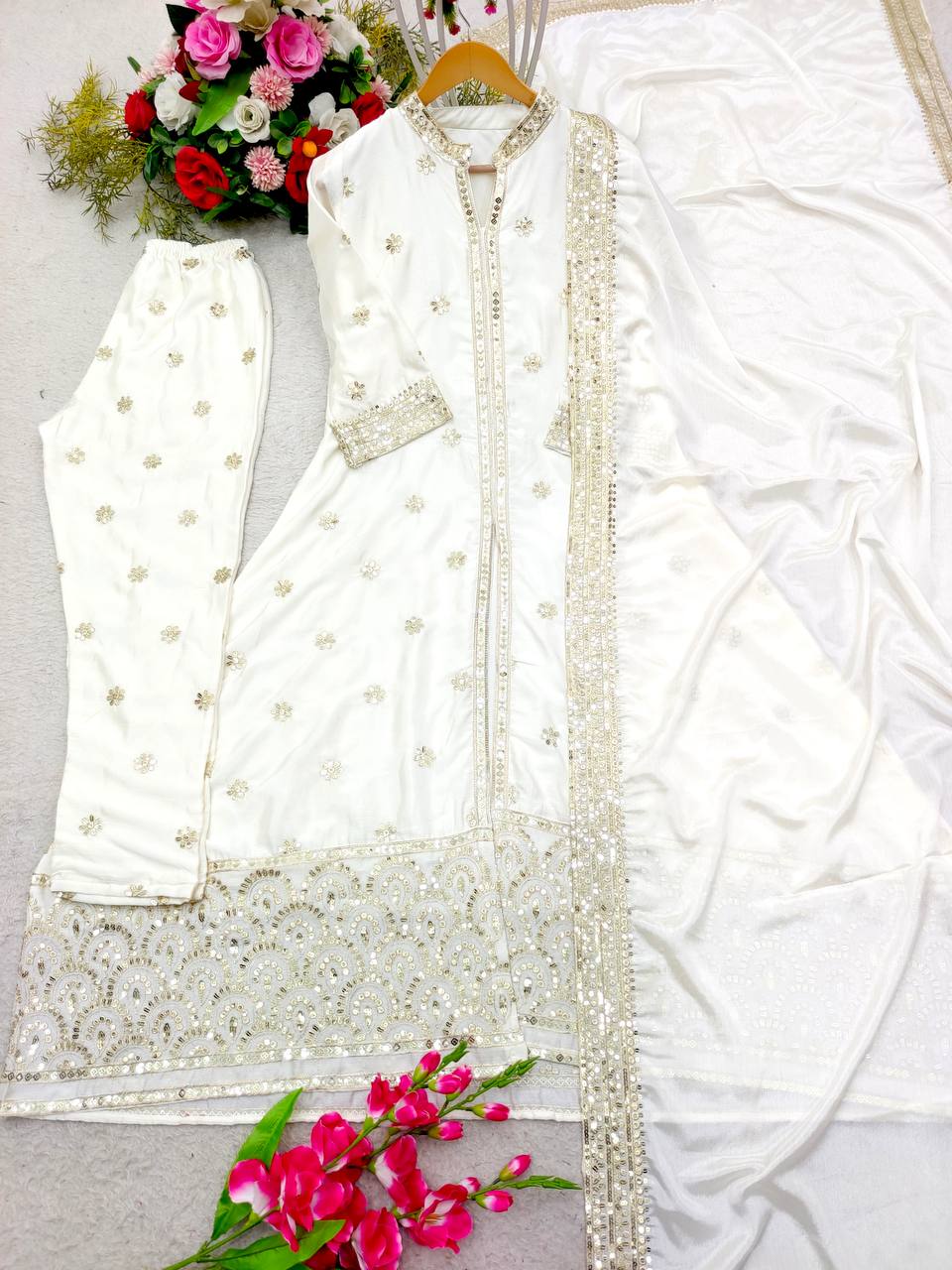 "White Satin Silk Sequins Embroidered Shrug Jacket & Pant with Dupatta Set - XL Size - Fully Stitched"