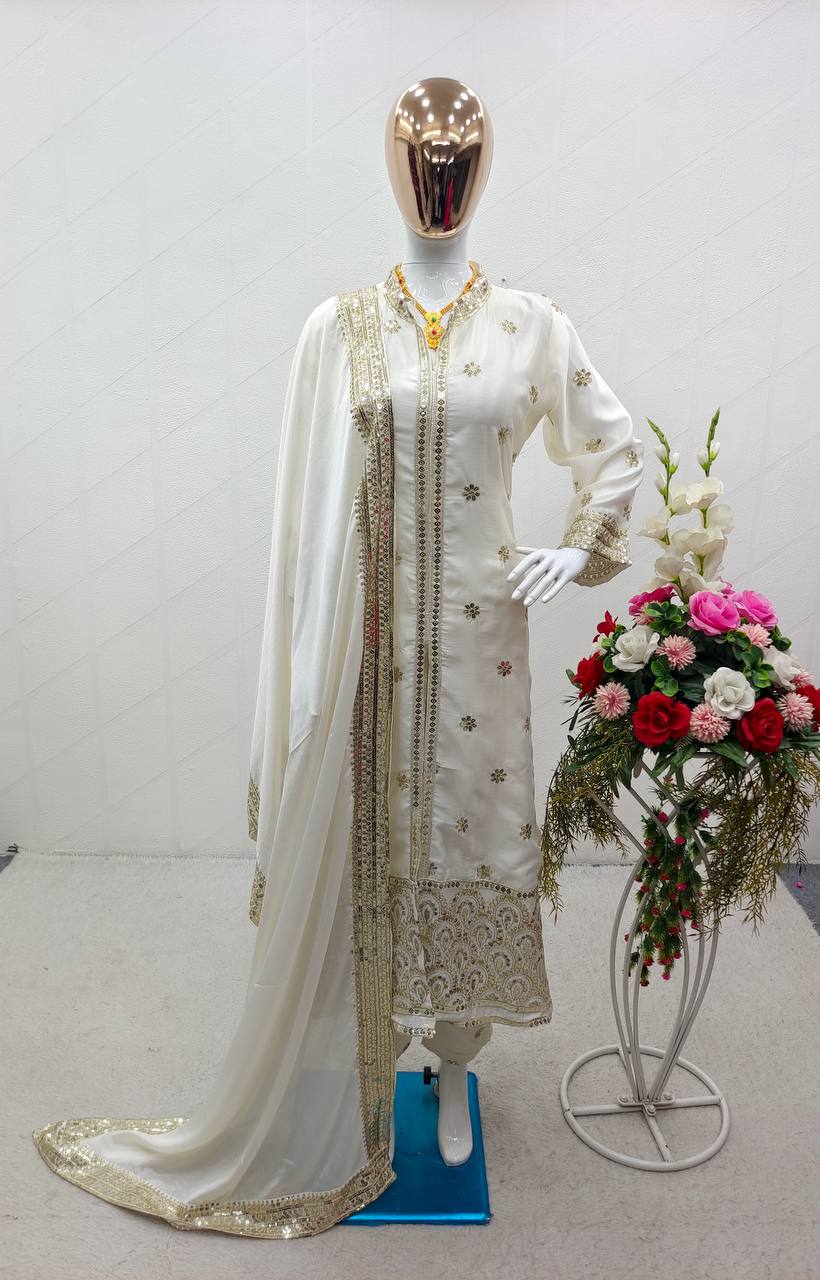 "White Satin Silk Sequins Embroidered Shrug Jacket & Pant with Dupatta Set - XL Size - Fully Stitched"