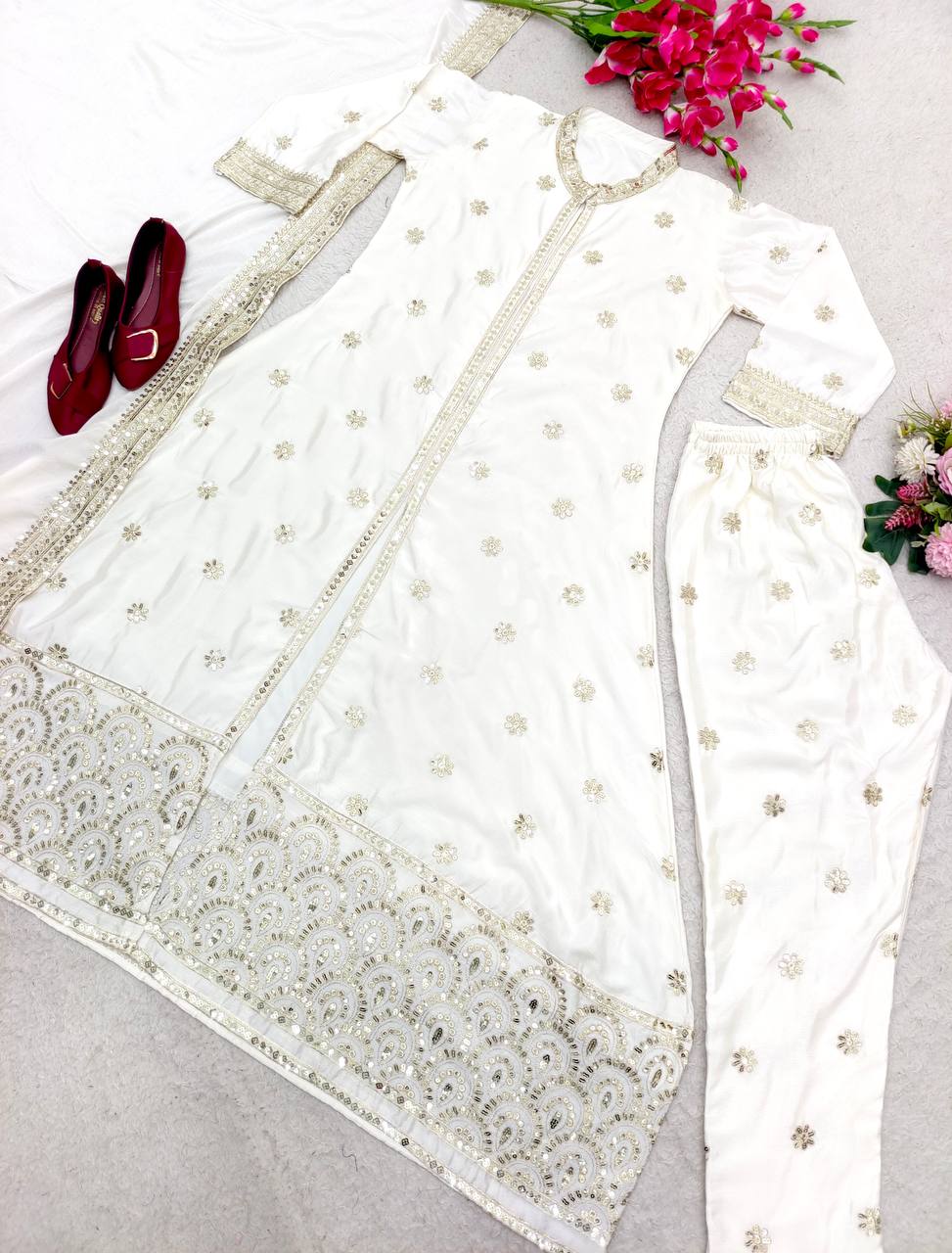 "White Satin Silk Sequins Embroidered Shrug Jacket & Pant with Dupatta Set - XL Size - Fully Stitched"